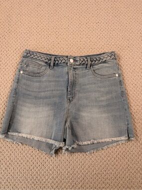 Judy Blue Faded Light Blue Braided-Waist Denim Shorts